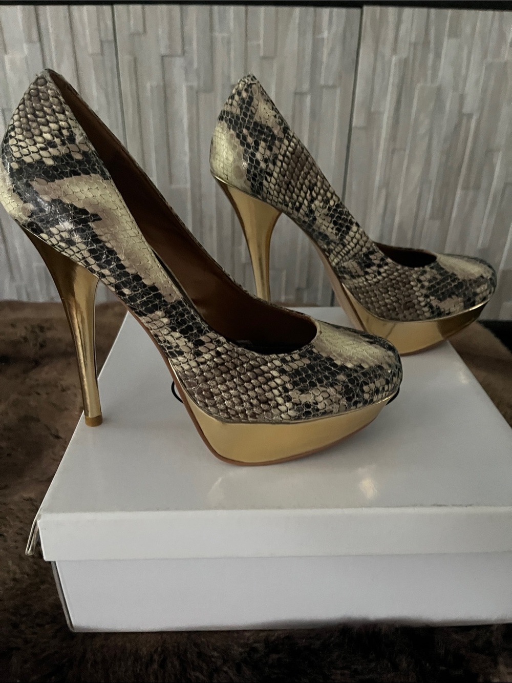 Steve Madden Gold Snake-Print Platform Pumps
